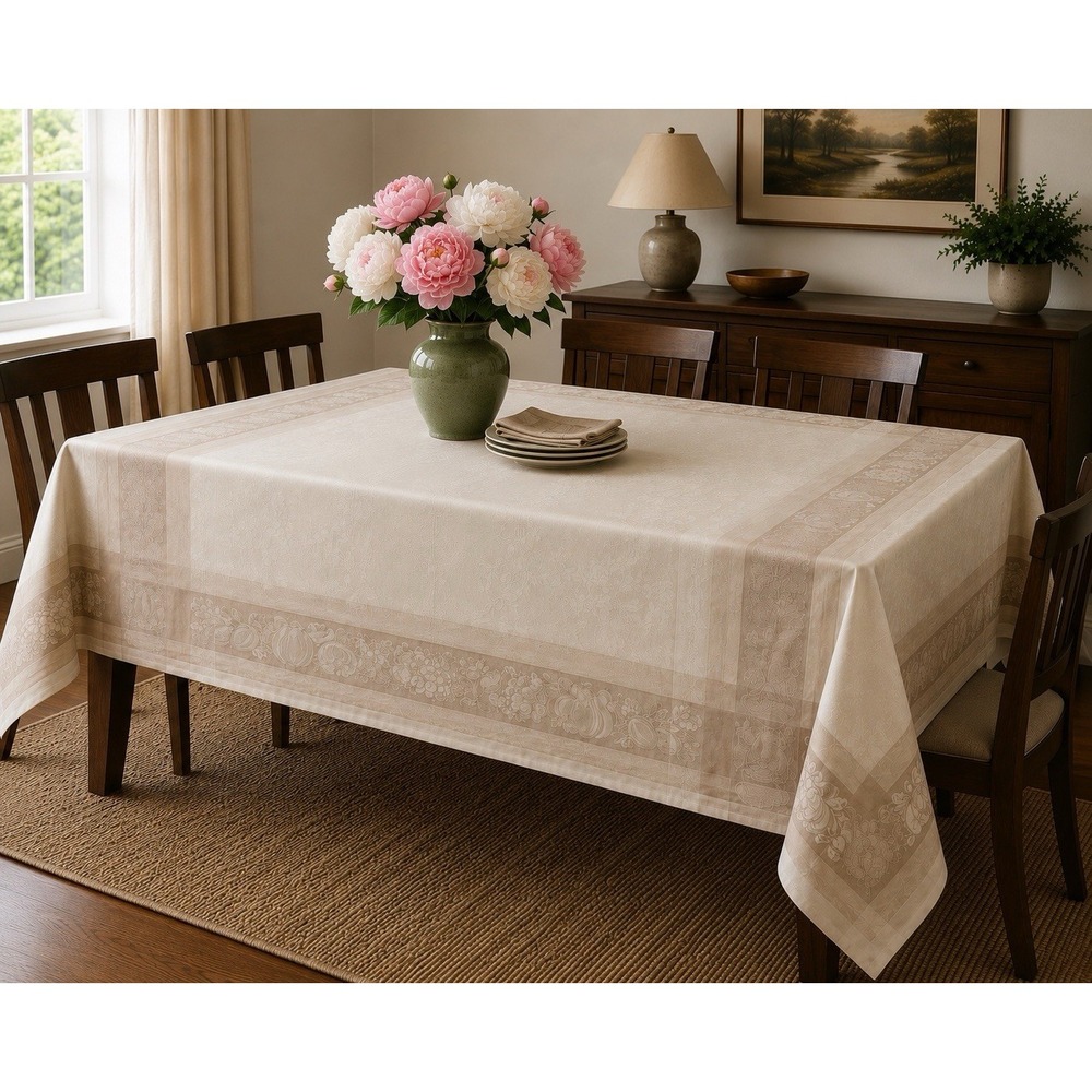 French Jacquard Tablecloth Rectangular 92x68" Fruit Beige Cream  Made In France
